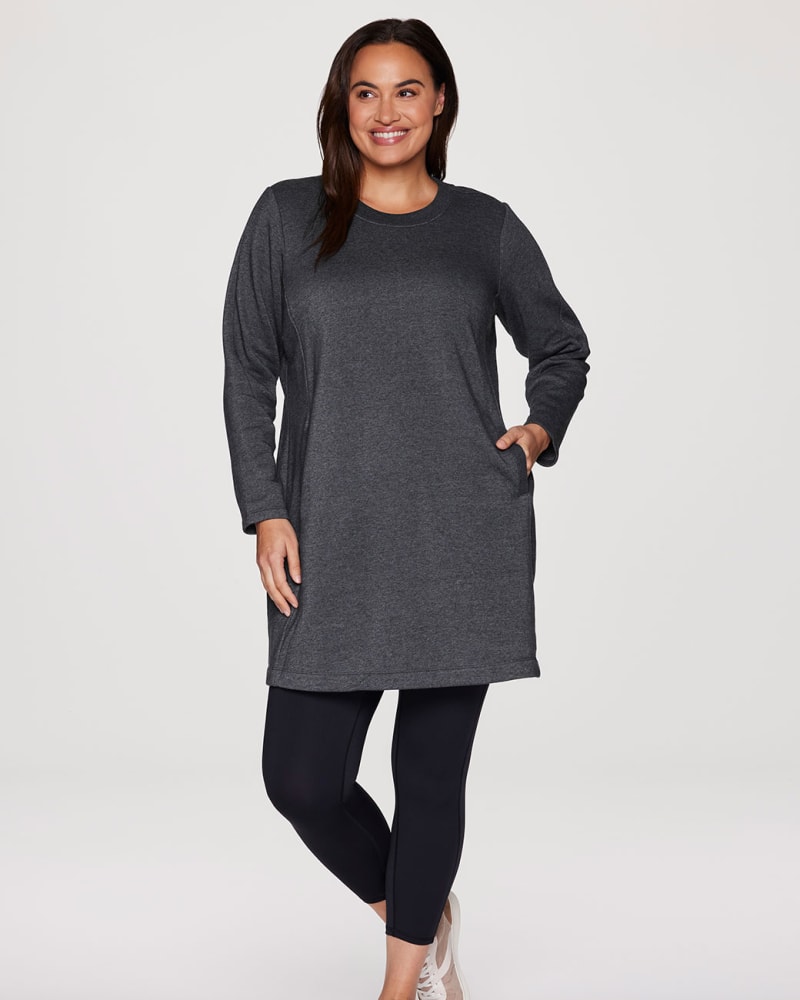Front of a model wearing a size 1X Plus Prime Fleece Crewneck Dress in Charcoal by RBX Active. | dia_product_style_image_id:316158